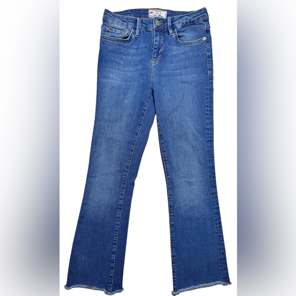 Free People Mid Rise Fringe Boot Crop Jeans Raw Hem Medium Wash Womens 27